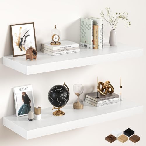 Image of 40Inch White Floating Shelves for Wall, 12 Inch Deep Shelves for Bedroom, Kitchen, Bathroom Wall Mounted, Rustic Wood Floating Shelf with Invisible Brackets for Books, Storage, Decor, 2 Packs