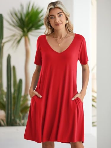 Image of BELAROI Women Casual Summer Dresses Loose Tshirt Beach Sundress V Neck Plus Size Swing Tunic Pockets