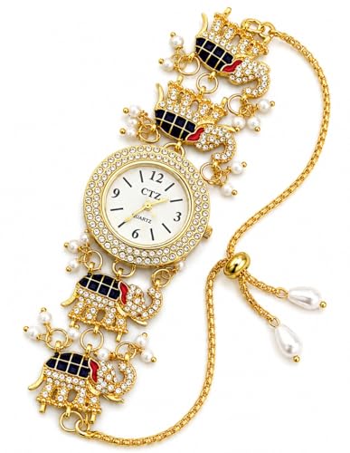 Image of Kashmiri Gold Plated Elephant Charm Bracelet Watch for Women & Girls | Adjustable Chain Analog Jewellery with Crystal & Pearl Studded Ethnic Design for Festive, Wedding, Party & Gift
