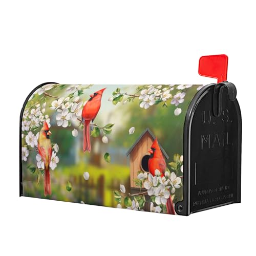 Image of Spring Birds Floral Magnetic Mailbox Cover Colorful Summer Birdhouse White Flowers Mailbox Wrap Post Cover Standard Size 21x18 Inch for Garden Yard Outdoor Outside Seasonal Decor