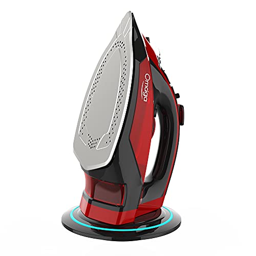 Cordless Iron, 1500W Cordless Iron with Steam with 11.84ozs Water Tank, Anti Drip Iron Cordless with Ceramic Soleplate, Cordless Iron for Clothes with 3 Temperature Settings-Red