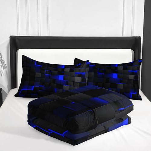 Image of Nttopship Neon Blue Black Comforter Set King Geometric Kids Bedding Set,3 PCS Geometry Honeycomb Bed Set Modern Quilt Set 1 Comforter 2 Pillow Cases Cool Room Decor All Season B-Side Black