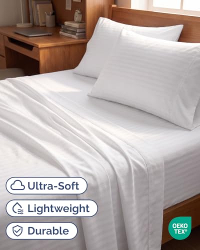 Image of Twin 4 Piece Bed Sheet Set - Breathable & Cooling Sheets - Striped White