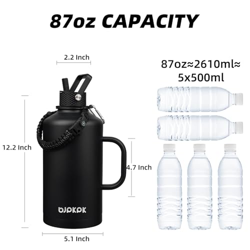 Image of BJPKPK 2 /3 Gallon Water Bottle Insulated with Straw Lid, 87oz Large, Stainless Steel Water Bottles with 3 Lids and Paracord Strap, Double Wall Vacuum Metal Water Jug,Black