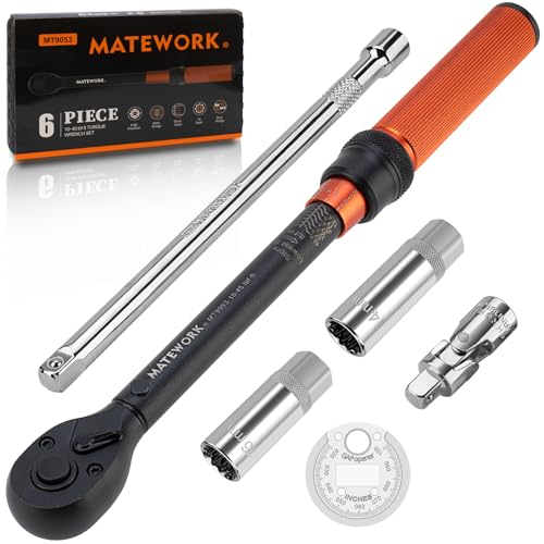 6-Piece Spark Plug Torque Wrench Set 3/8 Inch Drive, 10-45 FT.LB (13.6-61Nm) with Magnetic Spark Plug Sockets, 12-Point Socket 14 & 16mm, Spark Plug Gapper, Universal Joint and 10