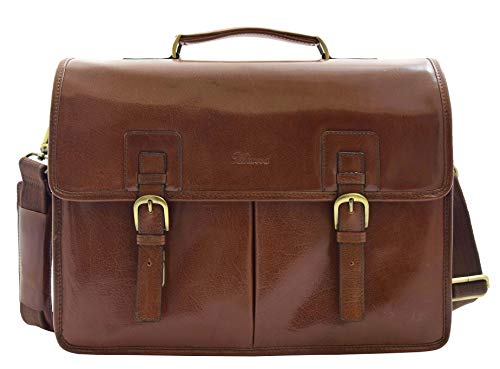 Mens Italian Leather Brown Briefcase Expandable Office Bag Messenger Laptop Case - Thomas