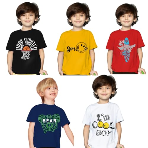 Image of Yazh Texworld Boys Round Neck Blended Cotton T-Shirts | Regular Fit | Half Sleeve | Casual Wear | Trendy | Combo Pack of 5 | Multicolor | Soft, Durable, and Stylish for Everyday use