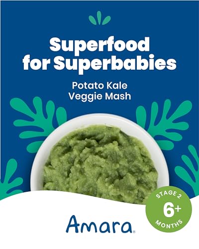 Image of Amara Organic Baby Food - Stage 2 - Kale Potato - Baby Cereal to Mix With Breastmilk, Water or Baby Formula - Shelf Stable Baby Food Made from Organic Fruit and Veggies - 7 Pouches, 3.5oz Per Serving