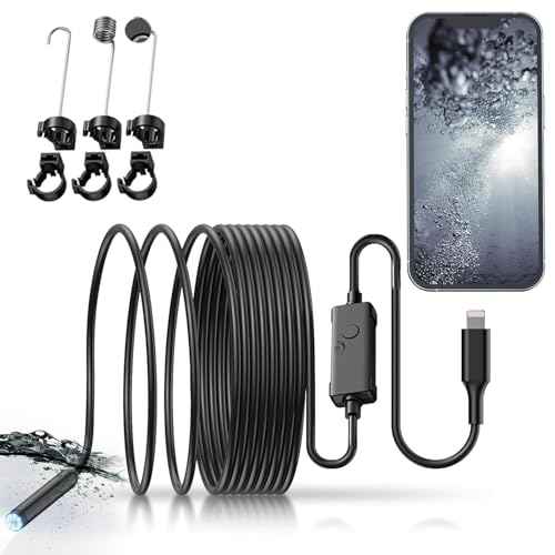 Endoscope pour iPhone, iPad HD, 2,0 mégapixels, boroscope, caméra d'inspection, caméra serpent IP67, étanche avec cordon semi-rigide de 16,4 m, 8 lumières...