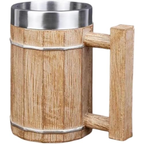 木樽風 ビールジョッキ 大容量 ビアジョッキ レトロ風 木調ステンレス製 ビールカップ 酒器 パーティー用 家庭用 飲料 カップ ミルク ティー 紅茶にも適用 (C)