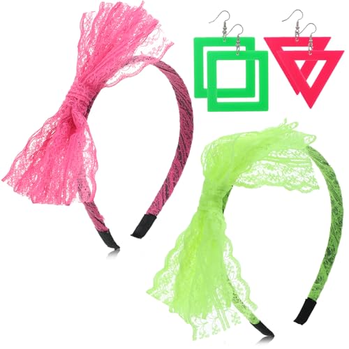Tweruna 80s Headband and Earrings for Women, 80s Hair Accessories for Women, 80's Neon Earrings and Neon Headband with Lace for 80's Clothing Theme Party