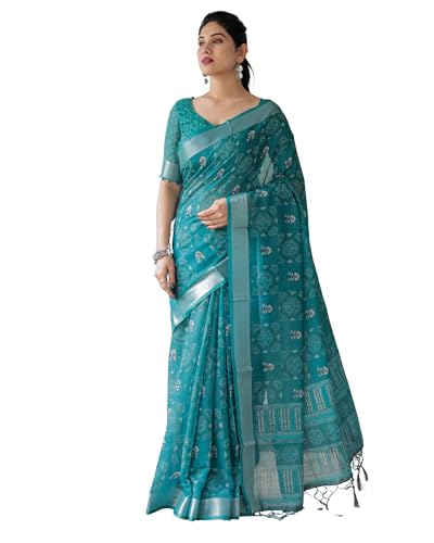 Image of Kaugalian store Linen Cotton Floral Printed Saree for Women with Unstitched Blouse Piece | 5.5 M Saree & 0.8 M Blouse