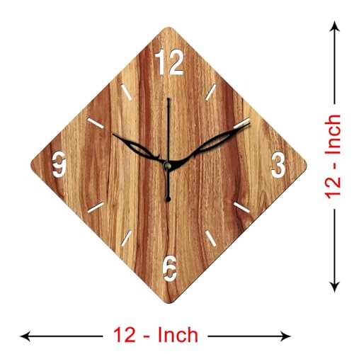 Image of SKYVILLA 12 Inch Wooden MDF Rhombus Analog Wall Clock with English Numerals | Silent Quartz Movement | Lightweight Without Glass Design for Home