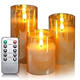 Lezonic Gold Glass Flameless Candles Battery Operated with Remote, Set of 3 Real Wax LED Pillar Candles, 1 AA Battery Operated Candles with Flickering Flame, D3”H:4”5”6”