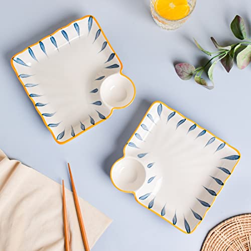 Image of Nestasia Set of 2 Ceramic Chip and Dip Snack Plate with Dip Section | Microwave & Dishwasher Safe Starter Plates | Perfect for Fries, Momos, Sushi, Kebab (White & Blue)