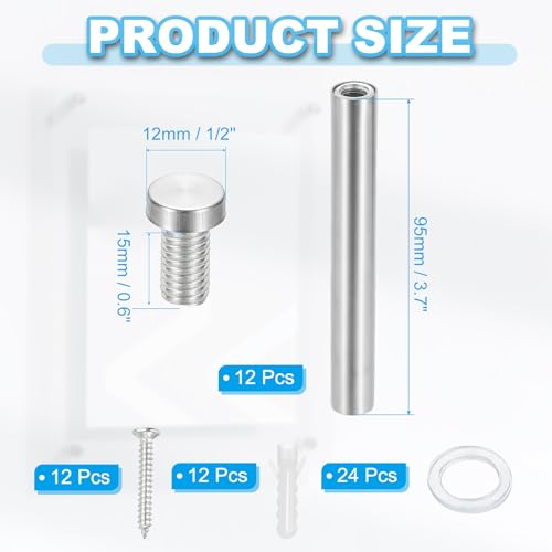 Image of PATIKIL 1 /2 inch x 4 inch Standoff Screws, 12 Pack Stainless Steel Wall Mount Sign Standoffs Mounting Hardware Advertising Nail for Hanging Acrylic Picture Frame, Silver