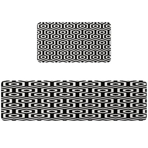 Alfombrillas de cocina negras VAPOKF con patrón hexagonal lavables de dos piezas 2