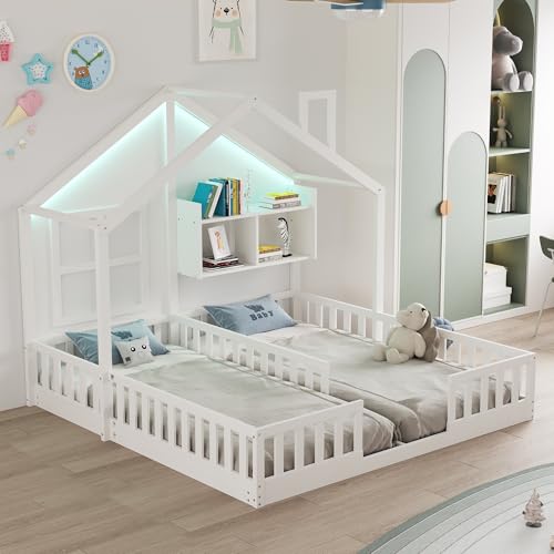 Merax Lit double pour enfant 90 x 200 cm, design maison avec fenêtres, éclairage LED, rampe de sécurité, étagères de rangement, sommier à lattes, bois, lit pour...