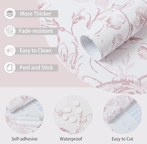 Yasinet Pink Floral Wallpaper Boho Peel and Stick Wallpaper Pink and White Contact Paper for Girl Nursery Bedroom Cabinets Farmhouse Flower Warerproof Removable Self-Adhesive Wall Paper 17.3"×118'' - image 4