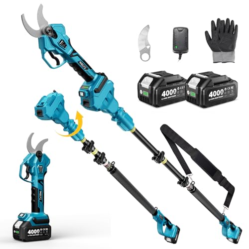 SEESII Tijeras de Podar Eléctricas con Barra telescópica – Diámetro de Corte 45 mm, Podadora Inalámbrica 2-en-1 con Motor Brushless, 2 Baterías 4.0Ah, Hoja SK5 Extra, 4 Modos Ajustables para Jardinerí