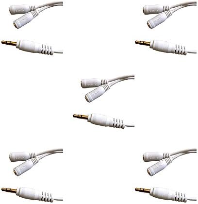(5 Pack) 3.5mm Stereo Jack Splitter Cable Adapter For ipod, Mp3 Player, Mobile Phone, Laptop, PC, Headphone Speakers 3.5mm Male to 2 X Female - Gold Plated Connectors - White