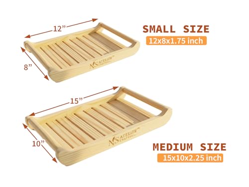 Image of Pine Wood Serving Tray Set of 2 with Handles | Small 12x8x1.75 & Medium 15x10x2.25 Inch | Wooden Breakfast Tea Coffee Snack Tray | Natural Finish | Handcrafted