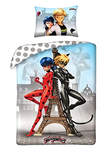 Theonoi Set 2 teilig Bettwäsche Bettbezug Wendebettwäsche 135x200 80x80 Baumwolle Kinderbettwäsche für Mädchen und Jungen Öko-Tex Standard 100 Deutsche Standardgröße Ladybug Cat Noir
