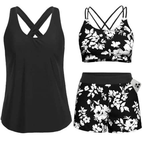 Image of Women's 3 Piece Tankini Swimsuit Tummy Control Bathing Suit with Boy Shorts