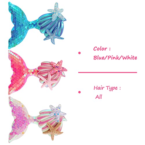 Hair Clips Princess Glitter Hair Claw Clips Girls Hairpin, Iridescent Elegant Sequins Clips With Shimmering Shells/Starfish, Shiny Mermaids Hair Clips Barrettes For Girls (3Pcs) (Pink) #TOP3