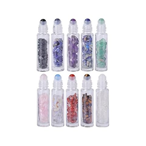 10ml Roller Bottles for Essential Oils, 10Pcs Essential Oil Roller Bottles Refillable Glass Roll on Bottles with Gemstone Roller Balls & Crystal Chips Inside for Travel, Perfume and Lip Gloss Cover