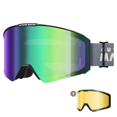 OutdoorMaster Falcon Ski Goggles Lens by ZEISS, OTG Snowboard Goggles Anti-fog, Magnetic Interchangeable Lens, Snow Goggles for Men & Women, ForestGreen Vlt 18%