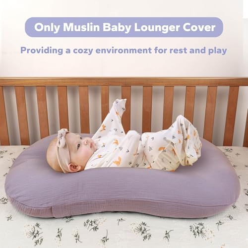 Image of FUNUPUP Muslin Baby Lounger Cover Only, Purple & Purple Floral | 100% Muslin Cotton Soft Breathable Easy On /Off Envelope Closure Machine Washable Easy-Clean Protector Neutral Colors