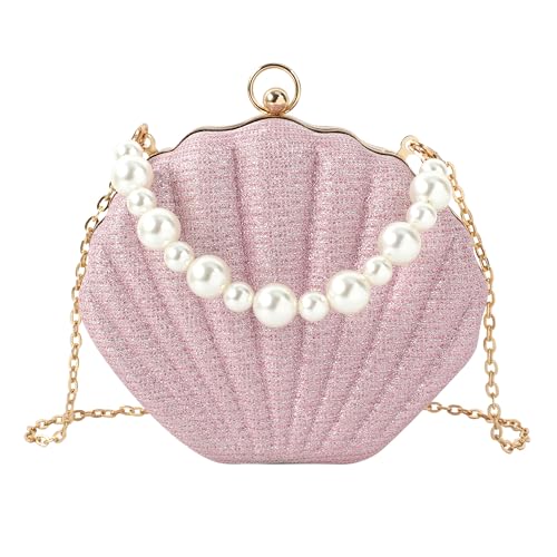 Image of Glitter Seashell Evening Clutch Purse Mini Chain Crossbody Bag Pu Leather Shell Pearl Shoulder Bag