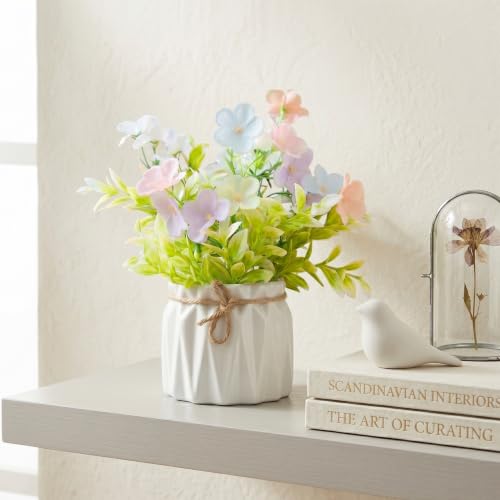 Image of Dekorly Artificial Lavender Plant in White Pot, 18cm - Realistic Faux Flower Arrangement for Home & Office Decor (Set of 1) (1, Jasmin Flower)