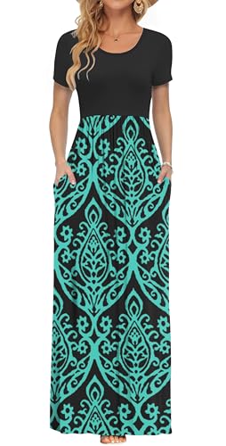AUSELILY Plus Size Floral Maxi Dress for Women Summer Casual Short Sleeve Crewneck Empire Waist Long Flower Dresses with Pockets 2026 BK Green XL
