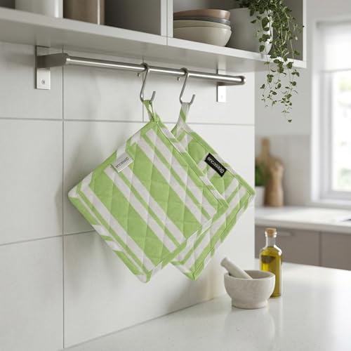 Image of Encasa XO Oven Microwave Pot Holders Trivets 21 cm (2 pc) for Kitchen Cooking & Baking - Heat Resistant, Thick & Safe, Protection of Hands from Hot Utensils, Grill, BBQ - Franca Lime Stripes