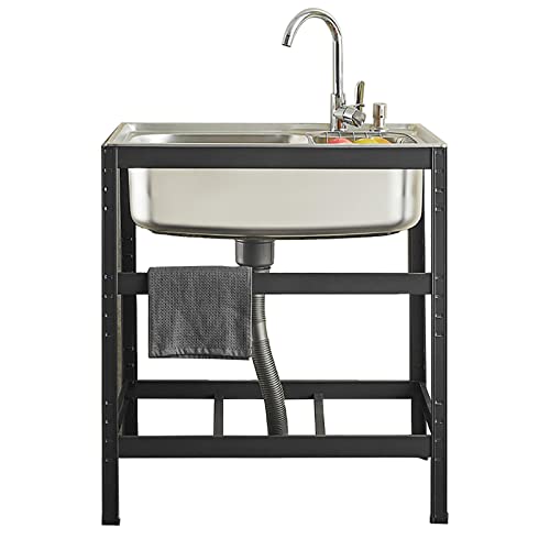 Évier de cuisine portable en acier inoxydable avec robinet chaud et froid, évier de service indépendant avec égouttoir noir, 60 x 44 x 75 cm, idéal pour un usage domestique et commercial