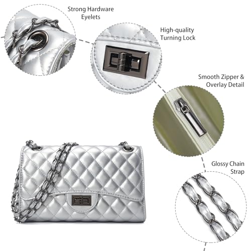 Image of Quilted Leather Crossbody Bags for Women Trendy Ladies Shoulder Purse Satchel HandBag with Chain Strap