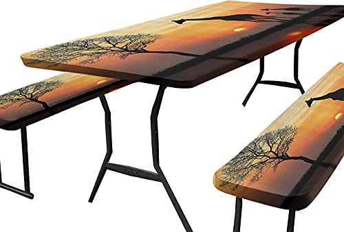 3 Pieces Polyester Picnic Tablecloth Set, Giraffes on Bushes by Lake Surface Horizon in The Middle of Nowhere Image Rectangular Fitted Table Clothfor Table and Bench, 72 x 30 Inch