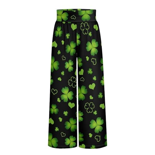 Flaishyardaw Shamrock Wide Leg Pants for Women High Waisted St. Patrick's Day Palazzo Pants Work Casual Flowy Trousers with Pockets Stretch Loose Casual Lounge Irish Sweatpants 2XL