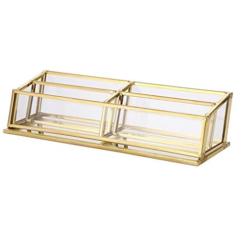 Hipiwe 4 Slots Glass Business Card Holder Stand - Vintage Gold Metal Name Card Display Stand Office Desktop Countertop Business Card Organizer Cover
