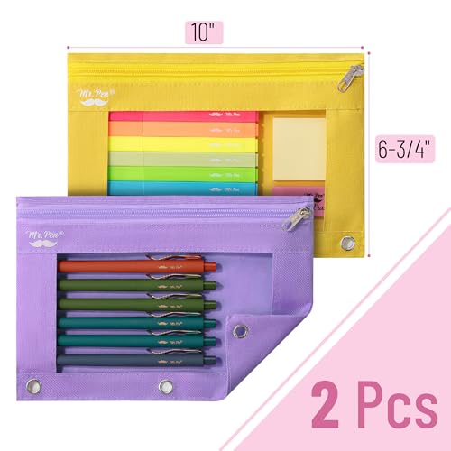 Image of Mr. Pen- Pencil Pouch for 3 Ring Binder, 2 Pack, 10 inchx6.75 inch, Smooth Zipper | Clear Window, Large Capacity Pencil Case with 3 Reinforced Grommets for School, Office, Supplies Storage | Clear Window, Large Capacity Pencil Case with 3 Reinforced Grommets for School, Office, Supplies Storage