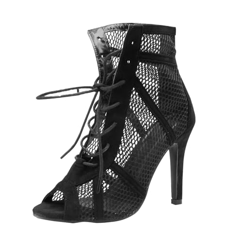 Sandalias de tacón para mujer con punta de pescado, sandalias de baile, botines sexys, tacones altos, escarpines negros de malla, tacones stiletto, sandalias con cordones, zapatos de baile para mujer