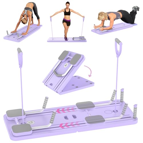 Kit Reformador de Pilates 5 en 1 Máquina de Reformador de Pilates con Contador LED, Rodillo de Rebote Automático, Tabla de Ejercicios Multifunción para Ejercicios en el Hogar (Morado)