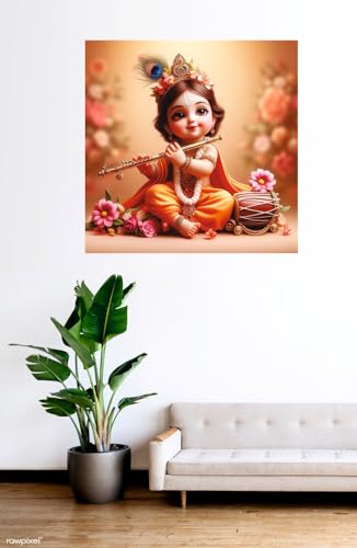 Image of Baby Krishna Flute And Drum Wall Poster for Pooja Room, Office, Kids Room (Size- 46CM X 46CM)