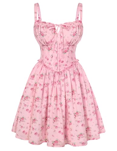 Scarlet Darkness Floral Corset Dress for Women 2026 Summer Sundress Lace Up Mini Milkmaid Dresses with Pockets Pink Flowers