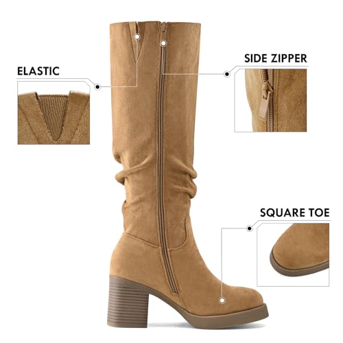 Shoe'N Tale Knee High Boots for Women Chunky Heel Platform Slouchy Stretchy Suede Round Toe with Side Zipper Fall and Winter Fashion Comfortable Boots3