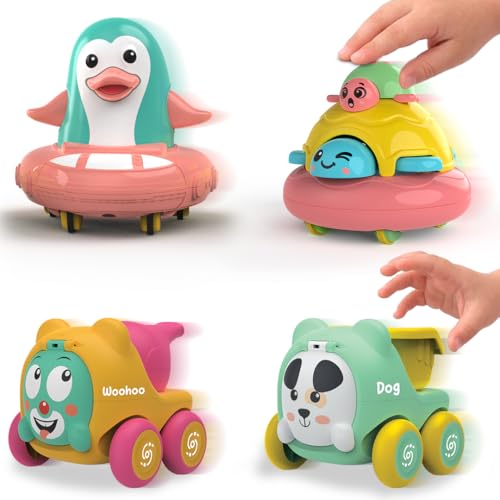 Image of Friction Powered Toy Vehicles Pack of 4 for Kids with Topsy Turtle, Penguin, Carnival Car with Whistle & Farm Truck Designs,Best Gift for Kids, 3+ Years