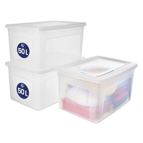 Iris Ohyama, Mehrzweck-Aufbewahrungsbox, 50L, 3er-Set, einfaches Verschließen, stapelbar, aus transparentem Kunststoff, für Kleidung… – Ansicht 1
