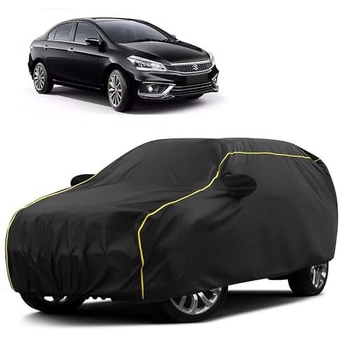 Image of Sulfar 100% Water Resistant Car Body Cover Compatible with Mirror for Maruti Suzuki Ciaz (Triple Stitched, Full Bottom Elastic, Black Taffeta with Yellow Piping)